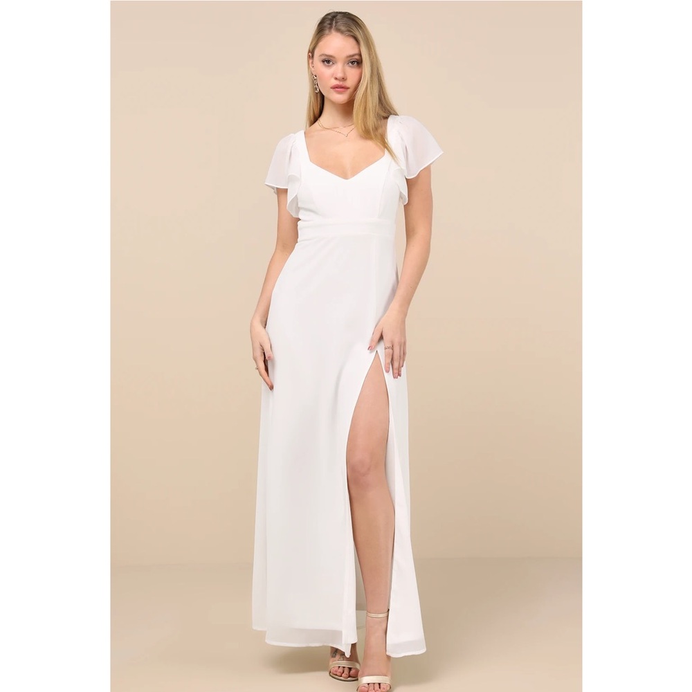 Lulus Simply Delightful White Tie-Back Flutter Sleeve Maxi Dress NWT Small